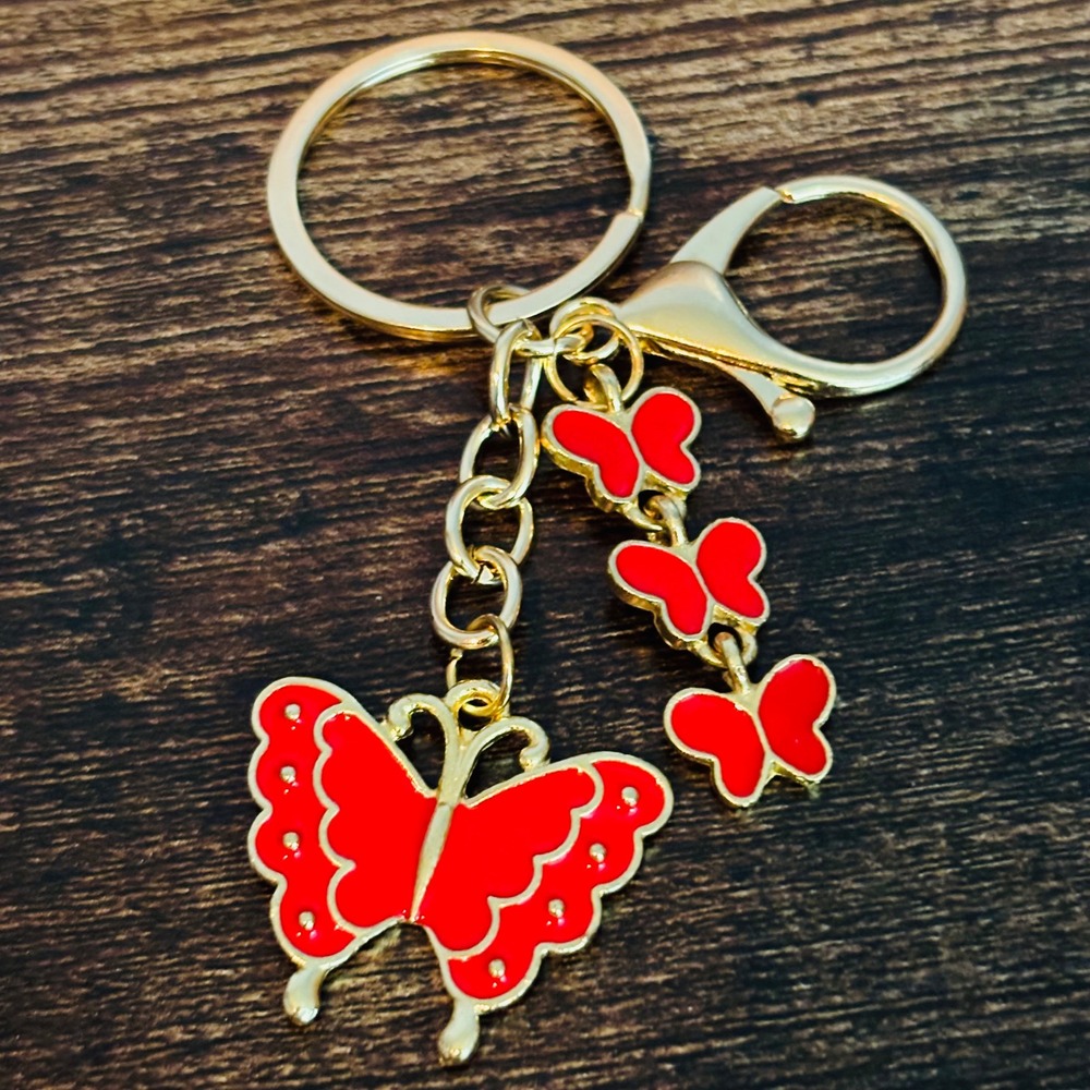 Red Butterfly Keychain Gold Tone Enamel Bag Charm Y2K Accessories